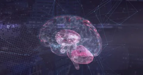 Hovering translucent 3D brain model glowing in data space, with neural nodes and Stock Photos