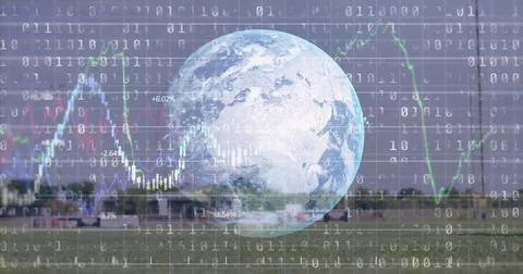 Hovering translucent 3D Earth globe above runway and hangars, with binary code Foto stock