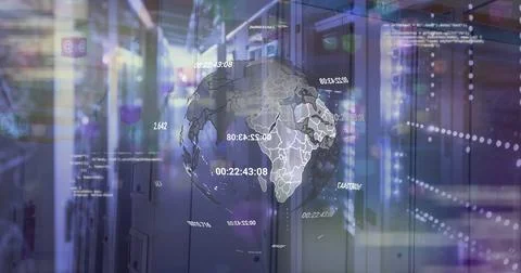 Hovering translucent 3D globe graphic projecting timestamps, code over data Stock-Fotos