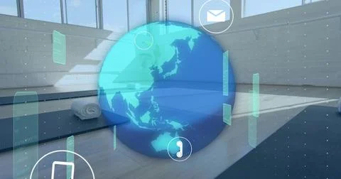 Hovering translucent blue 3D globe showing Asia Pacific over yoga studio, with Stock Photos