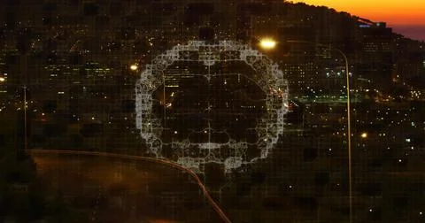 Hovering translucent circular pattern overlaying urban hillside at dusk, with Stock Illustration