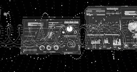 Hovering translucent dashboard panels displaying charts and gauges in virtual イラスト素材