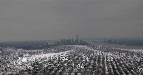 Hovering translucent data mesh undulating over urban harbor skyline, showing Stock Photos
