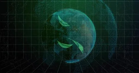 Hovering translucent data sphere rotating over dark grid floor, with orbiting Stock Illustration