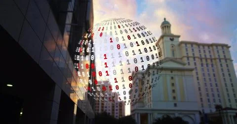Hovering translucent digital sphere showing 0s and 1s between glass facade and Stock Photos