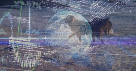 Hovering translucent globe of Earth blending at shoreline, showing long-haired Stock Photos
