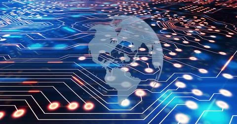 Hovering translucent globe showing continents floating above virtual circuitry, Stock Illustration