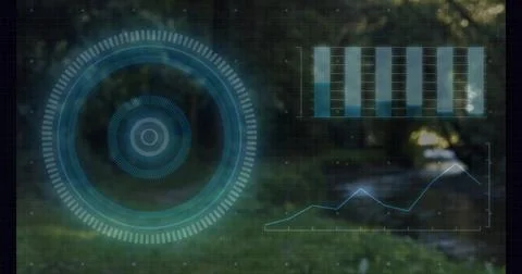 Hovering translucent HUD covering left at park path, showing rings bar chart Fotos de archivo