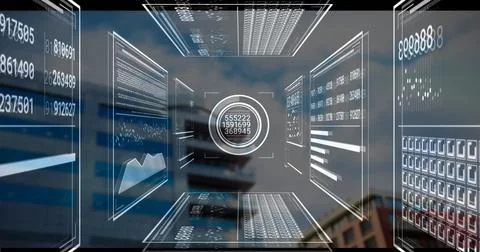 Hovering translucent readout showing three rows of numbers in cityscape, with Stock Photos