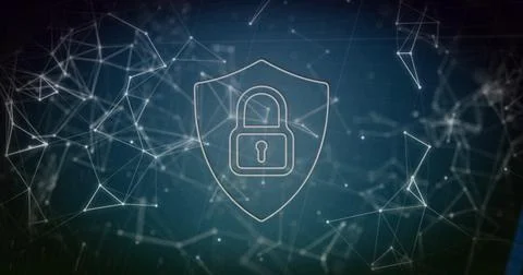 Hovering translucent shield with padlock projecting secure connectivity in teal Stock Photos