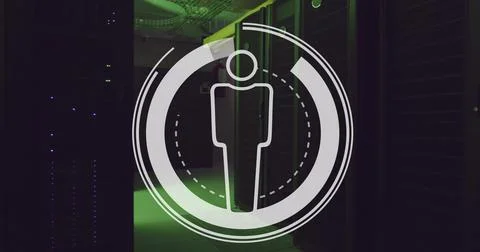 Hovering transparent white user icon over server aisle in dim data center, Stock Photos