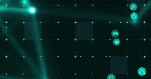 Hovering vertical column of glowing teal interface icons on digital grid Stock Photos