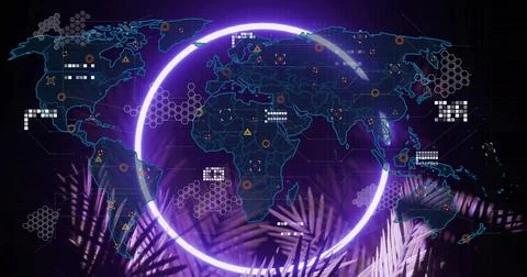 Hovering violet ring encircling neon-blue world map in holo UI, showing palm  Stockillustratie