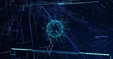 Hovering virus-like spherical model projecting spikes within virtual data net, Stock Photos