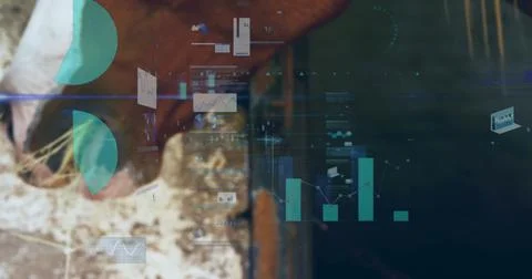 Hovering visualizations over blurred warm backdrop with charts, dashboard Foto stock