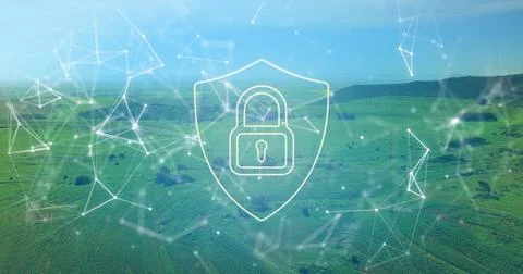 Hovering white digital shield icon securing rolling green fields under network Stock Photos