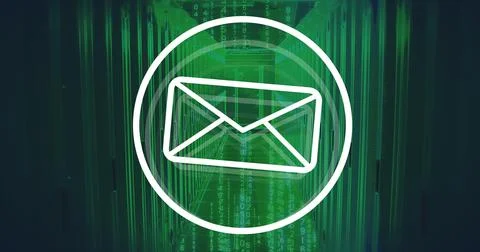 Hovering white envelope icon within data center corridor, with cascading code Illustrazione stock