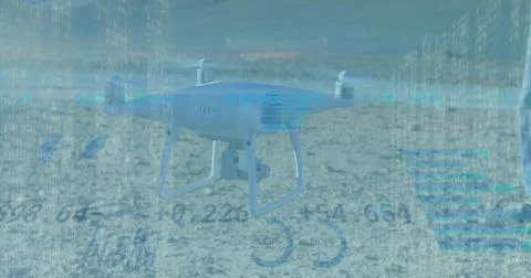 Hovering white quadcopter with camera gimbal showing blue HUD overlays over Stock Photos