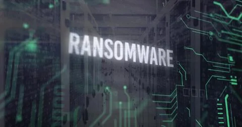 Hovering white RANSOMWARE text over racks with blinking lights in server room, Stock Illustration