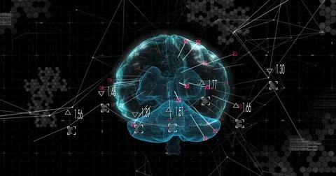 Hovering wireframe brain on grid with numeric labels, triangular square markers, Stock Illustration