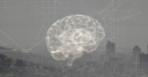 Hovering wireframe brain hologram glowing over hazy urban skyline, with lit Stock Photos