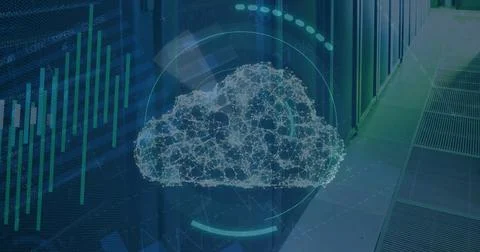 Hovering wireframe cloud graphic linking nodes over data center corridor, with Stock Photos