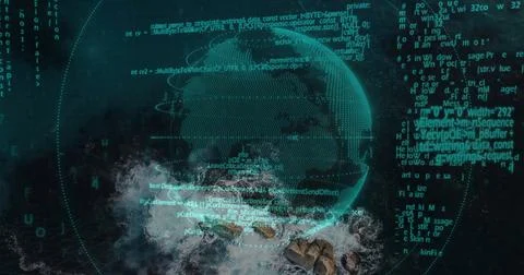 Hovering wireframe globe floating over rocky coastline, with code streams and Illustrazione stock