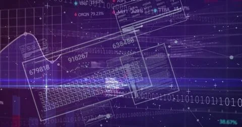 Hovering wireframe keyboard in purple analytics space, with data sheets and Illustrazione stock