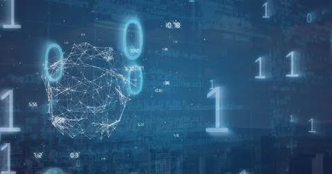 Hovering wireframe sphere over data landscape, with binary digits, code and city Stockfoto's