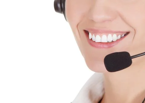 How can i help you? call center operator against white Stock Photos