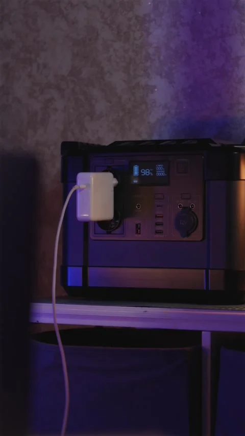 How to connect laptop to portable power station during power cut Stock Footage 334732339