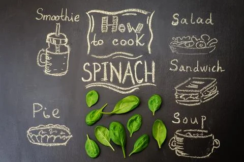 How to cook spinach with spinach on the chalkboard. toning. selective Focus Stock Photos