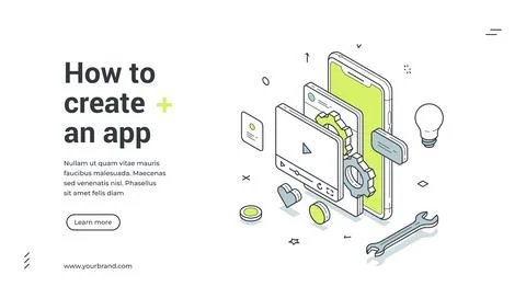 How to create in app learning DIY video tutorial isometric web banner desig.. Stock Illustration