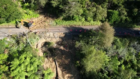 How cyclone Gabriel damaged roads in New Zealand Stock Footage 233386133