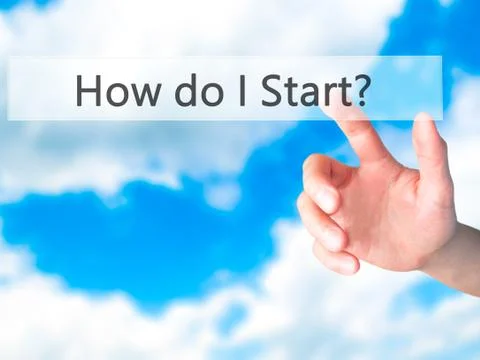 How do I Start? - Hand pressing a button on blurred background concept on vis Stock Photos