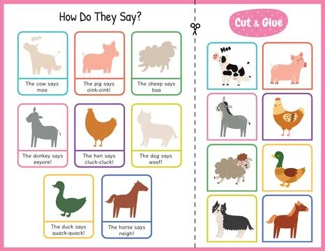 How do they say cut and glue game with cute farm characters. Educational Stock Illustration