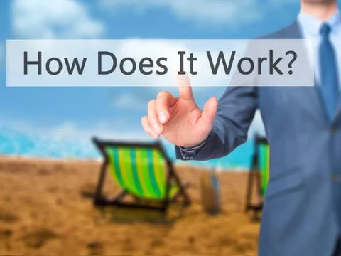 How Does It Work - Businessman hand pressing button on touch screen interface Stock Photos