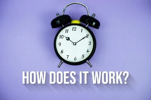 How Does It Work? text and alarm clock on purple background Stock Photos