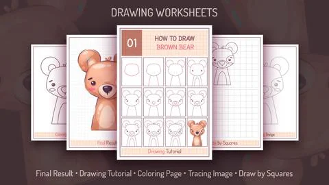 How to Draw a Brown Bear. Step by Step Drawing Tutorial. Draw Guide. Simple Stock Illustration