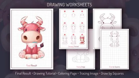How to Draw a Bull. Step by Step Drawing Tutorial. Draw Guide. Simple 库存插图