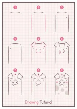 How to Draw a Dirty Pig. Step by Step Drawing Tutorial. Draw Guide. Simple Stock Illustration