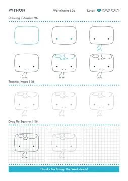 How to Draw Doodle Python, Cartoon Character Step by Step Drawing Tutorial Stock Illustration