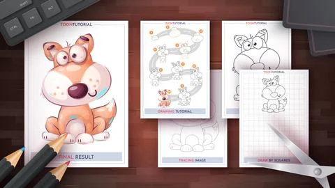 How to Draw a Fox. Step by Step Drawing Tutorial. Draw Guide. Simple Instruction Stock Illustration