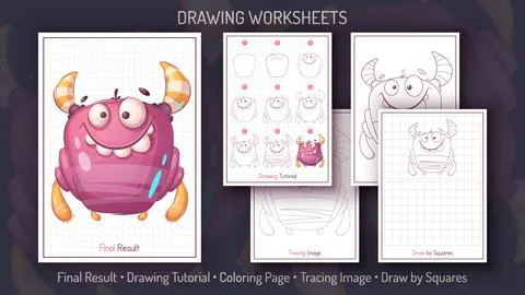 How to Draw a Monster. Step by Step Drawing Tutorial. Draw Guide. Simple Stock Illustration