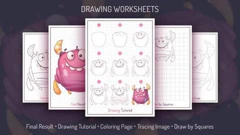 How to Draw a Monster. Step by Step Drawing Tutorial. Draw Guide. Simple Stock Illustration