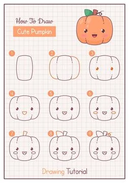 How to Draw a Pumpkin. Step by Step Drawing Tutorial. Draw Guide. Simple Stock Illustration