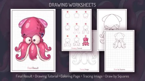 How to Draw a Squid. Step by Step Drawing Tutorial. Draw Guide. Simple Stock Illustration