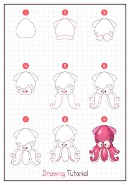 How to Draw a Squid. Step by Step Drawing Tutorial. Draw Guide. Simple Stock Illustration