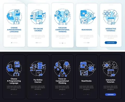 How to learn to code night and day mode onboarding mobile app screen Stock Illustration