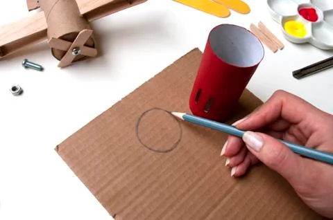 How to make airplane. Hand made toy,zero waste from toilet paper roll and pop Stock Photos